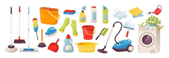 Cleaning. Icons of tools for cleaning the house and office. Washing machine, vacuum cleaner, detergents and cleaning products for cleaning. Housework concept. Vector illustration isolated
