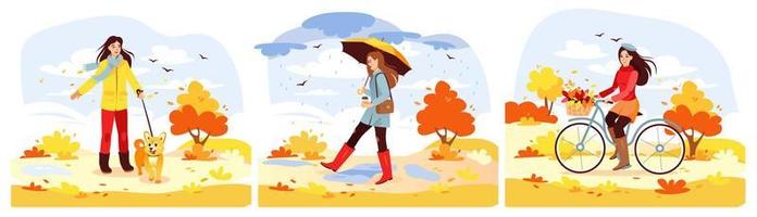 parque de otoño. un grupo de chicas jóvenes caminando en el parque en otoño. la niña toma café, pasea al perro, anda en bicicleta. ilustración vectorial de dibujos animados vector