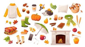 Autumn icons set, sweater, falling leaves, cozy food, candles, book, pumpkin, fireplace, plaid. Autumn postcard. Cartoon vector illustration.