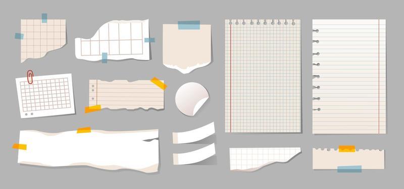A set of pieces of torn paper from a notebook, glued on a gray background. Sheets of paper for notes and inscriptions. Vector illustration