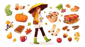 Autumn set, girl with umbrella in rubber boots, foliage, forest mushrooms, plaid, pumpkin, pie, knitted socks, cinnamon, Cartoon vector illustration