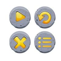 Set start and closed buttons on stone circle in comic cartoon style, ui game design element, interface object isolated on white background. Vector illustration