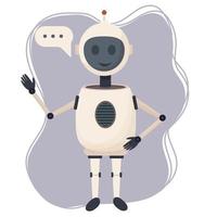 Positive character chat bot, robot standing isolated on white background stock vector illustration. Communication assistant, intelligence machine with bubble.