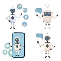 Set of chatbot, artificial intelligence, assistant with icons and bubble speech isolated on white background. Modern character design in flat style. Vector illustration
