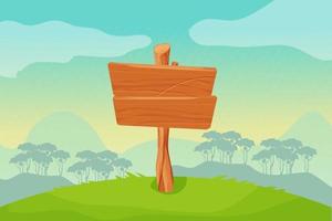 Game background landscape with wooden signboard in cartoon style. Magic scene, mountains and silhouette forest.