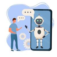 cliente que tiene diálogo con el bot de chat en el teléfono inteligente. personaje de hombre charlando con robot. inteligencia artificial y chatbot ai en concepto de marketing. ilustración vectorial de material plano. vector