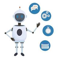 Chat bot, robot standing and showing helping icons stock vector illustration isolated on white background. Ai, technology, assistance concept in flat design.