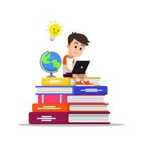 boy using a laptop while sitting on a pile of big books vector