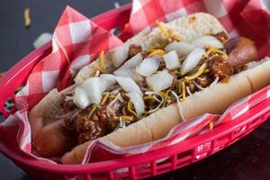 chilli dog with onions and cheese on a bun flat lay photo