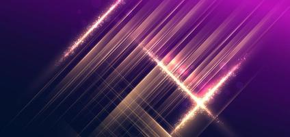 Abstract elegant gold lines diagonal on dark blue and purple background with lighting effect sparkle. Luxury template style with copy space for text. Vector illustration