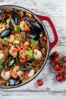 Mediterranean Paella in cast iron dish top view photo