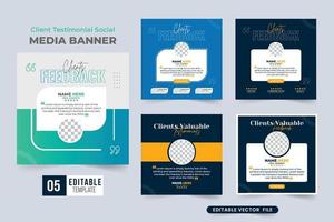 Customer feedback testimonial design bundle with rating sections. Customer service feedback layout template collection with colorful background. Client testimonials set vector with photo placeholders.