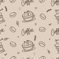 Coffee pattern with Turks and capsules on a beige background. Vector illustration in doodle style