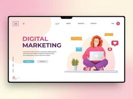 plantilla de página web de marketing digital con una mujer joven que trabaja en una computadora portátil. estrategia de negocio, potencia tu marca. ilustración vectorial en estilo plano para el desarrollo de móviles, afiches, pancartas y sitios web vector