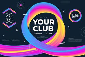 Abstract colorful dj music club poster 3d flow shapes design. Electronic blend style banner template. Liquid wave backgrounds. Vector illustration.