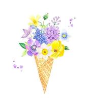 Bouquet of summer flowers in a waffle cup , watercolor illustration vector