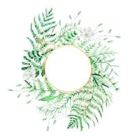 Watercolor round frame  of forest leaves, fern leaves. vector