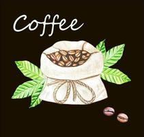 Pouch of coffee beans, watercolor illustration vector