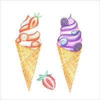 Ice cream with berries . watercolor illustration vector