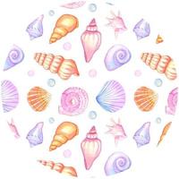 Round background with watercolor seashells vector