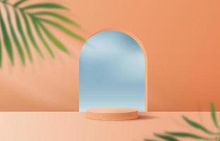 Cosmetic orange background minimal and premium podium display for product presentation branding and packaging presentation. studio stage with shadow of leaf background. 3D illustration design photo