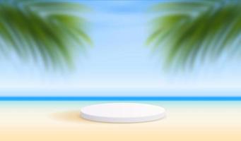 Cosmetic sea and beach background minimal and premium podium display for product presentation branding and packaging presentation. studio stage with shadow of leaf background. 3D illustration design photo