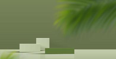 Cosmetic green background minimal and premium podium display for product presentation branding and packaging presentation. studio stage with shadow of leaf background. 3D illustration design photo