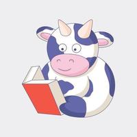 Cute cow reading book cartoon flat design vector