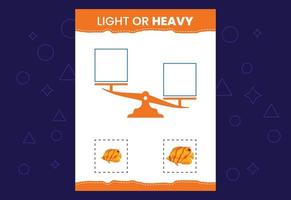 Light or heavy educational worksheet with scales. Heavier and lighter weight object learning vector