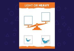 Light or heavy educational worksheet with scales. Heavier and lighter weight object learning vector