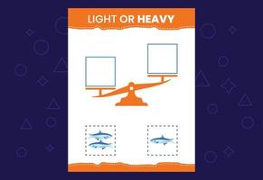 Light or heavy educational worksheet with scales. Heavier and lighter weight object learning vector