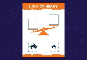Light or heavy educational worksheet with scales. Heavier and lighter weight object learning vector