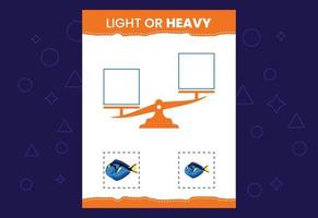 Light or heavy educational worksheet with scales. Heavier and lighter weight object learning vector