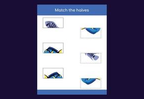 Matching game. Match halves of fish. Educational game for children, printable worksheet vector