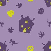 Halloween seamless pattern with houses, ghosts, cats and bats. vector