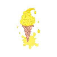 Doodle melting ice cream lemon cone with drops and puddle. vector