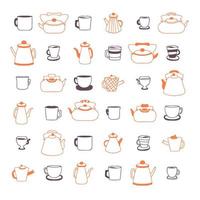 Doodle teapot, cups and mugs simple collection. vector