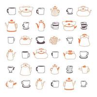 Doodle teapot, cups and mugs simple collection. vector