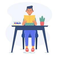 Boy reading a book sitting at a desk. Smiling boy doing homework. Flat vector illustration.