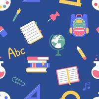 Vector seamless pattern of school supplies on dark background. Back to school colorful flat elements.