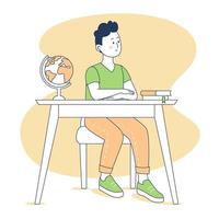 Boy sitting at a desk. Smiling boy studies at school. Line art. Vector illustration.