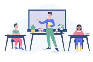 Male teacher by the blackboard and pupils studying in a classroom. Concept illustration for education, back to school. Flat vector illustration.