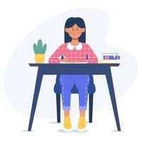 chica escribiendo un cuaderno sentado en un escritorio. niña sonriente haciendo la tarea. ilustración vectorial plana. vector