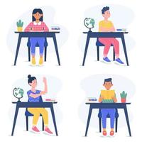 Set of pupils at a desk. Boys and girls are studying, reading, and writing at school. Flat vector illustration.