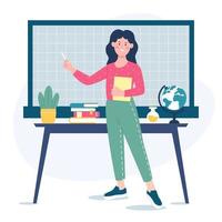 Female teacher by the blackboard in a classroom. A smiling woman professor is teaching. Flat vector illustration.