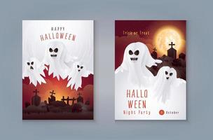 Ghost with graveyard and moon. Happy Halloween Night Party greeting card, trick or treat. Horror monster vector
