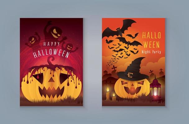 Halloween Pumpkin with blood and ghost. Pumpkin with graveyard and bat monster, Happy Halloween Night Party.