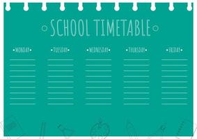 School timetable template for kids. Weekly planner with school supplies in line art style. Schedule design template. vector