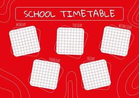 School timetable template for kids. Red color schedule. Weekly planner. Paper with lines. Schedule design template. vector