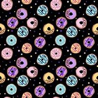 seamless pattern with glazed donuts. Bright juicy pattern on a black background vector
